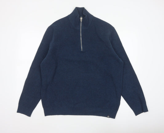 Marks & Spencer Men's Blue XL 1/2 Zip Cotton Blend Knit Jumper