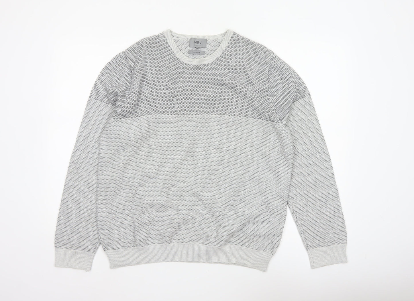 Marks and Spencer Men Grey L Pure Cotton Textured Knit Pullover Jumper