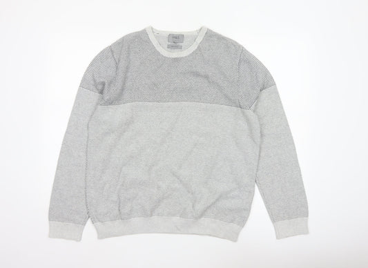 Marks and Spencer Men Grey L Pure Cotton Textured Knit Pullover Jumper