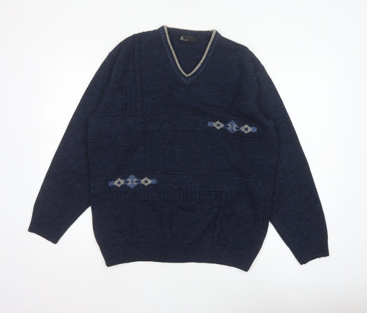 BHS Men's Navy Blue Small V-Neck Geometric Knit Acrylic Pullover Jumper