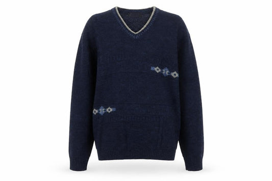 BHS Men's Navy Blue Small V-Neck Geometric Knit Acrylic Pullover Jumper