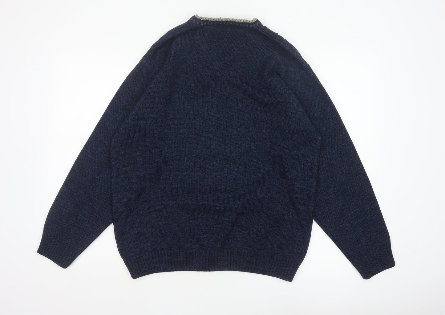 BHS Men's Navy Blue Small V-Neck Geometric Knit Acrylic Pullover Jumper