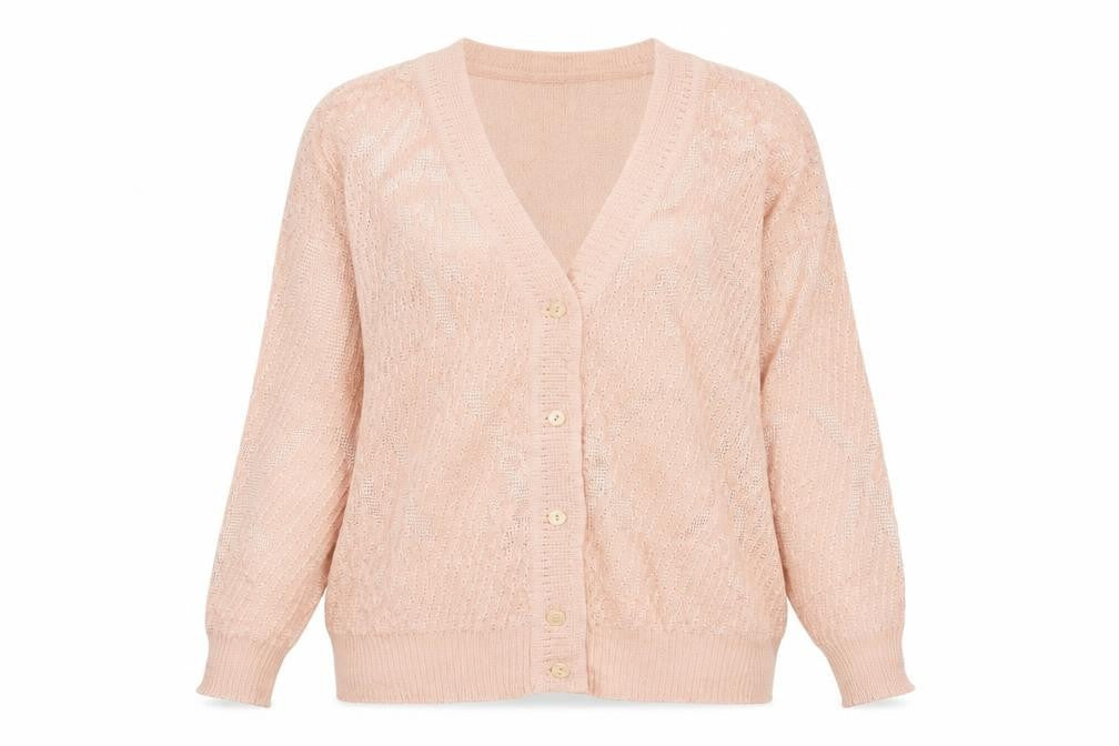Mallani Women’s Pink UK 16 V-Neck Button Open-Knit Wool Blend Cardigan