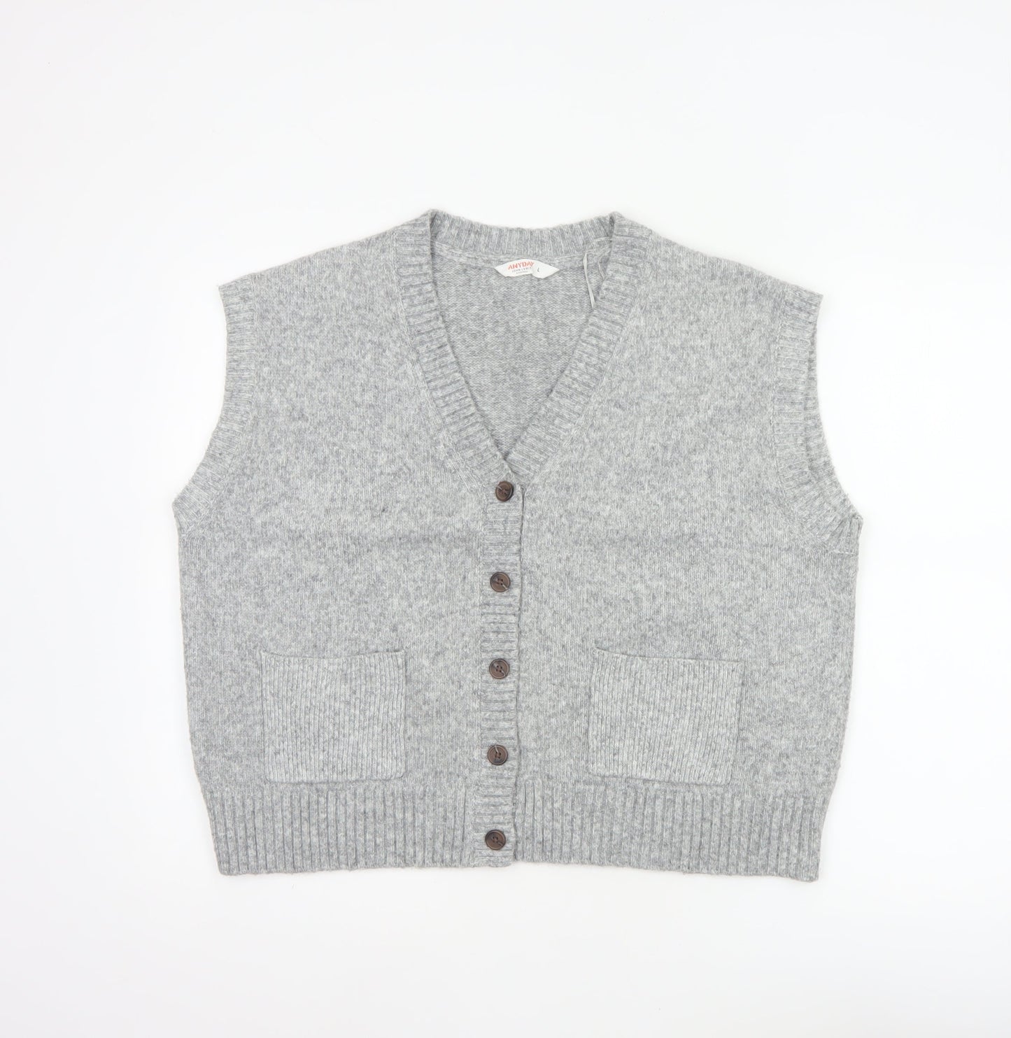 John Lewis ANYDAY Women Grey L V-Neck Button Knit Vest Cardigan Pockets