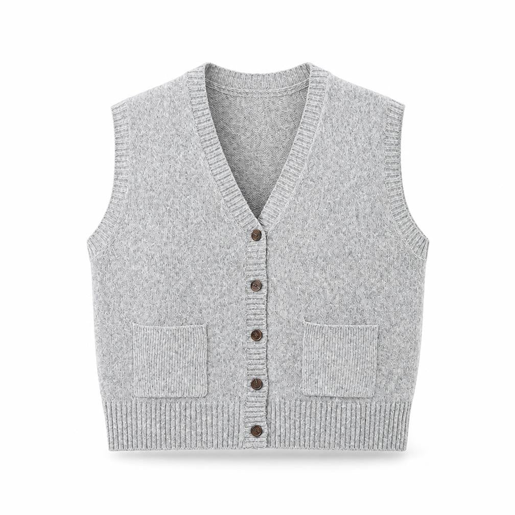 John Lewis ANYDAY Women Grey L V-Neck Button Knit Vest Cardigan Pockets