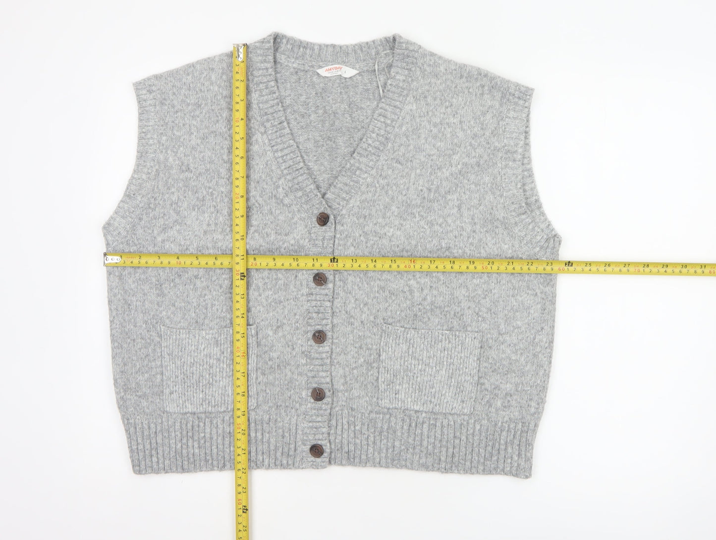 John Lewis ANYDAY Women Grey L V-Neck Button Knit Vest Cardigan Pockets