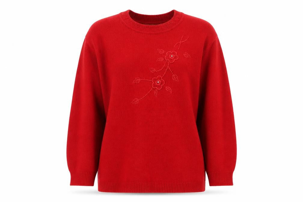 Sona Tex Women’s Red M Floral Embroidered Knit Pullover Jumper