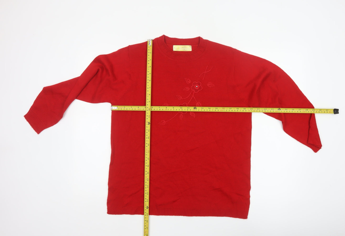 Sona Tex Women’s Red M Floral Embroidered Knit Pullover Jumper
