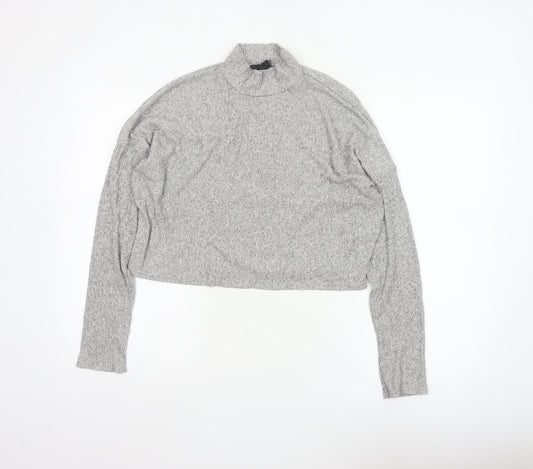 Topshop Women Grey UK 12 Cropped Mock Neck Knit Long Sleeve Top