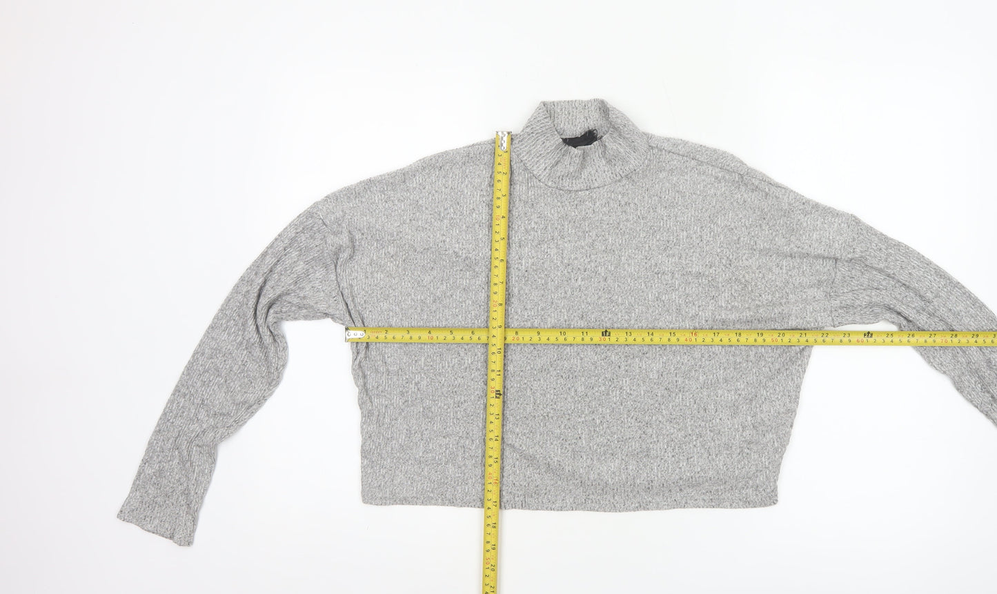 Topshop Women Grey UK 12 Cropped Mock Neck Knit Long Sleeve Top