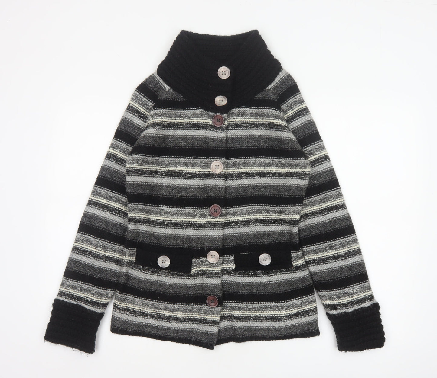 Per Una Women Grey Striped Chunky Knit Cowl Neck Cardigan Size S