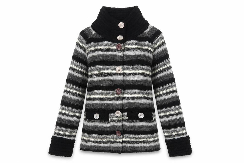 Per Una Women Grey Striped Chunky Knit Cowl Neck Cardigan Size S