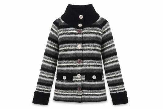 Per Una Women Grey Striped Chunky Knit Cowl Neck Cardigan Size S