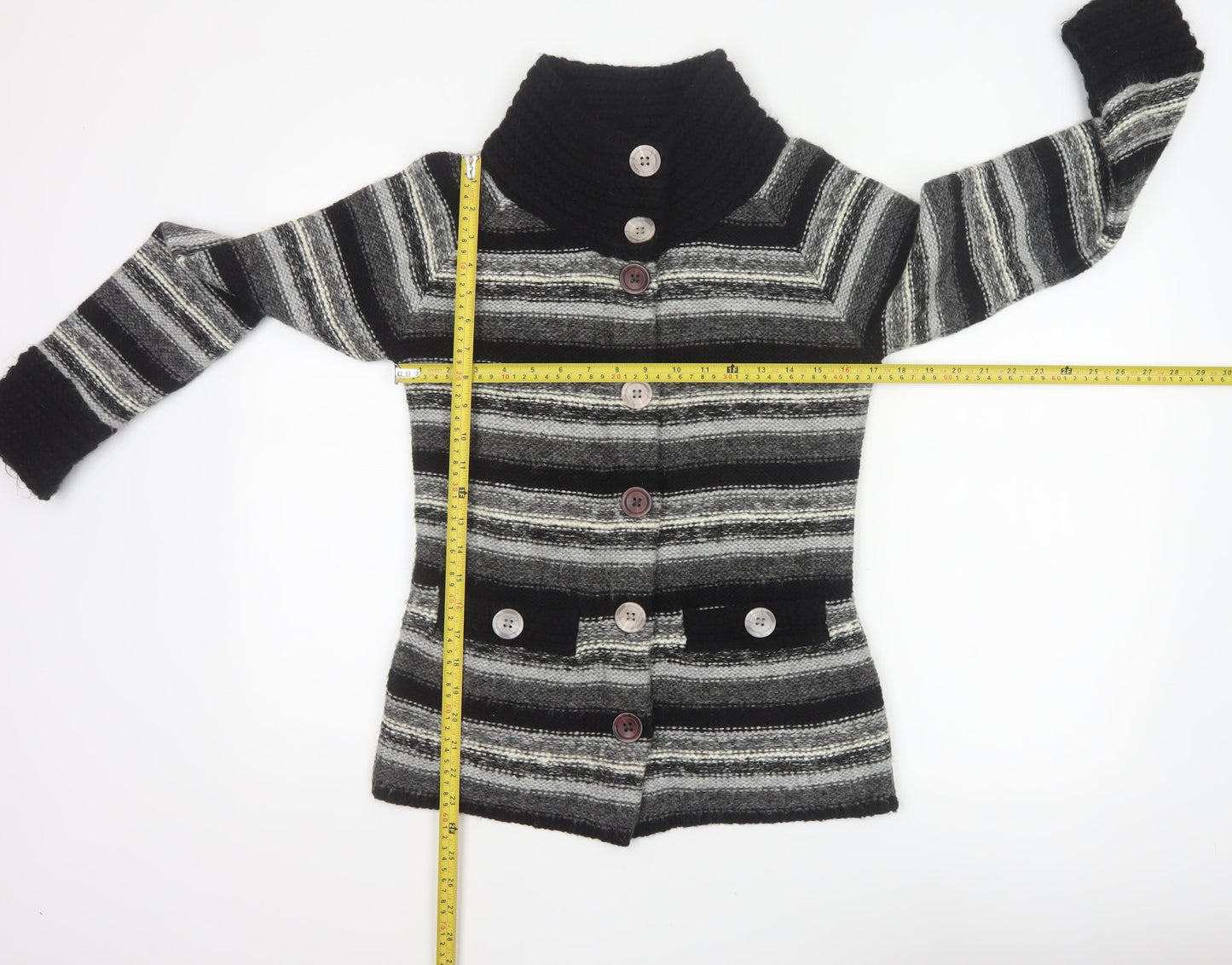 Per Una Women Grey Striped Chunky Knit Cowl Neck Cardigan Size S