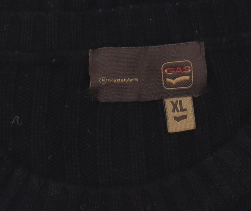 Gas Men’s Black XL Rib Knit Cotton Wool Crew Neck Pullover Jumper