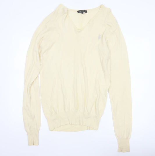 AllSaints Men’s Ivory XL Merino Wool V-Neck Pullover Jumper Logo
