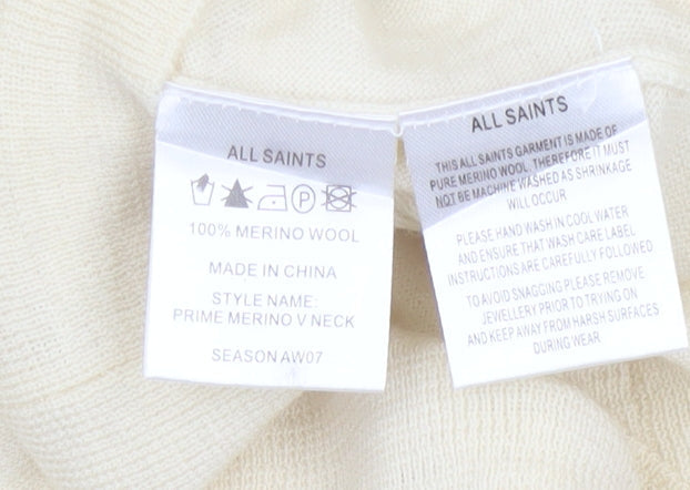 AllSaints Men’s Ivory XL Merino Wool V-Neck Pullover Jumper Logo