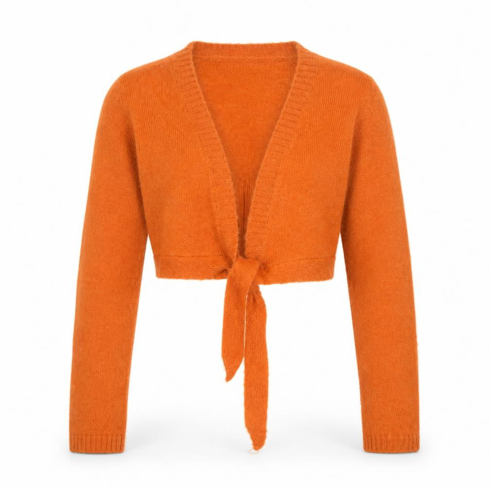 Front view of Camaieu Women Orange M Mohair Blend Wrap Cardigan Tie Knit