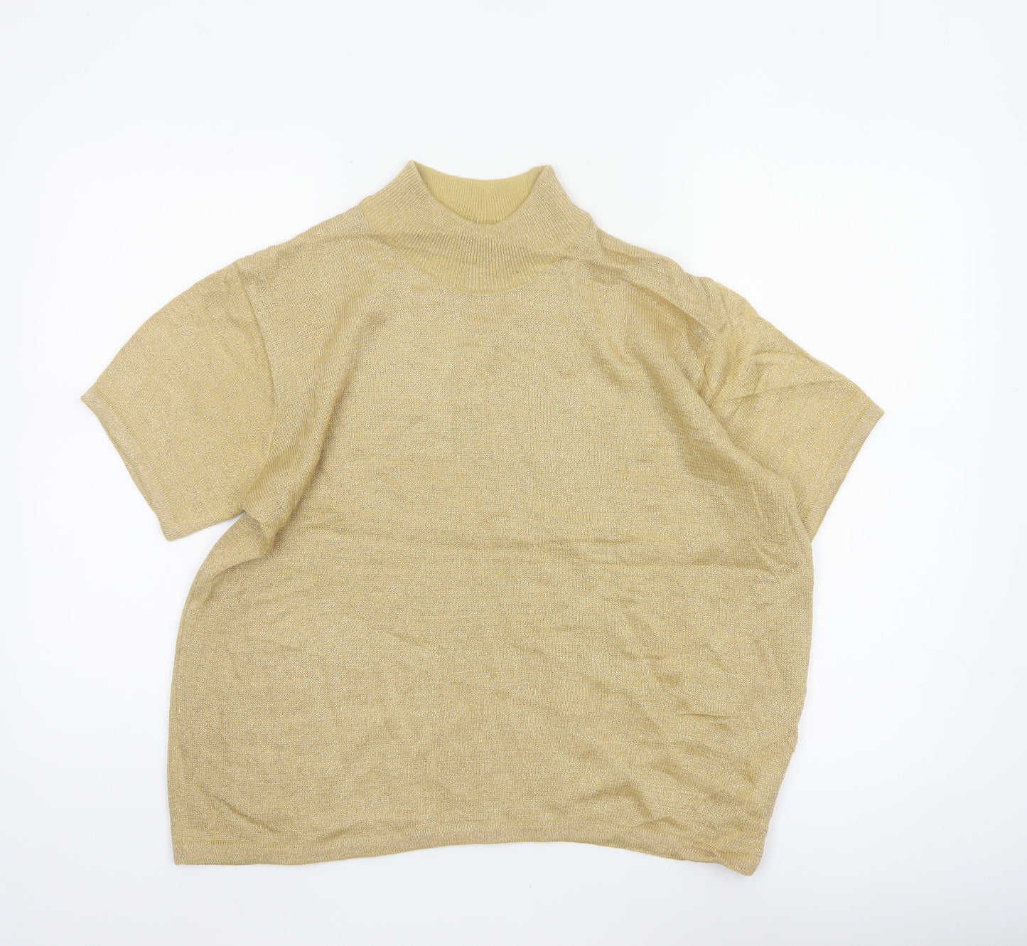 Joan Leslie Women Gold Lurex Knit Mock Neck Short Sleeve Jumper L