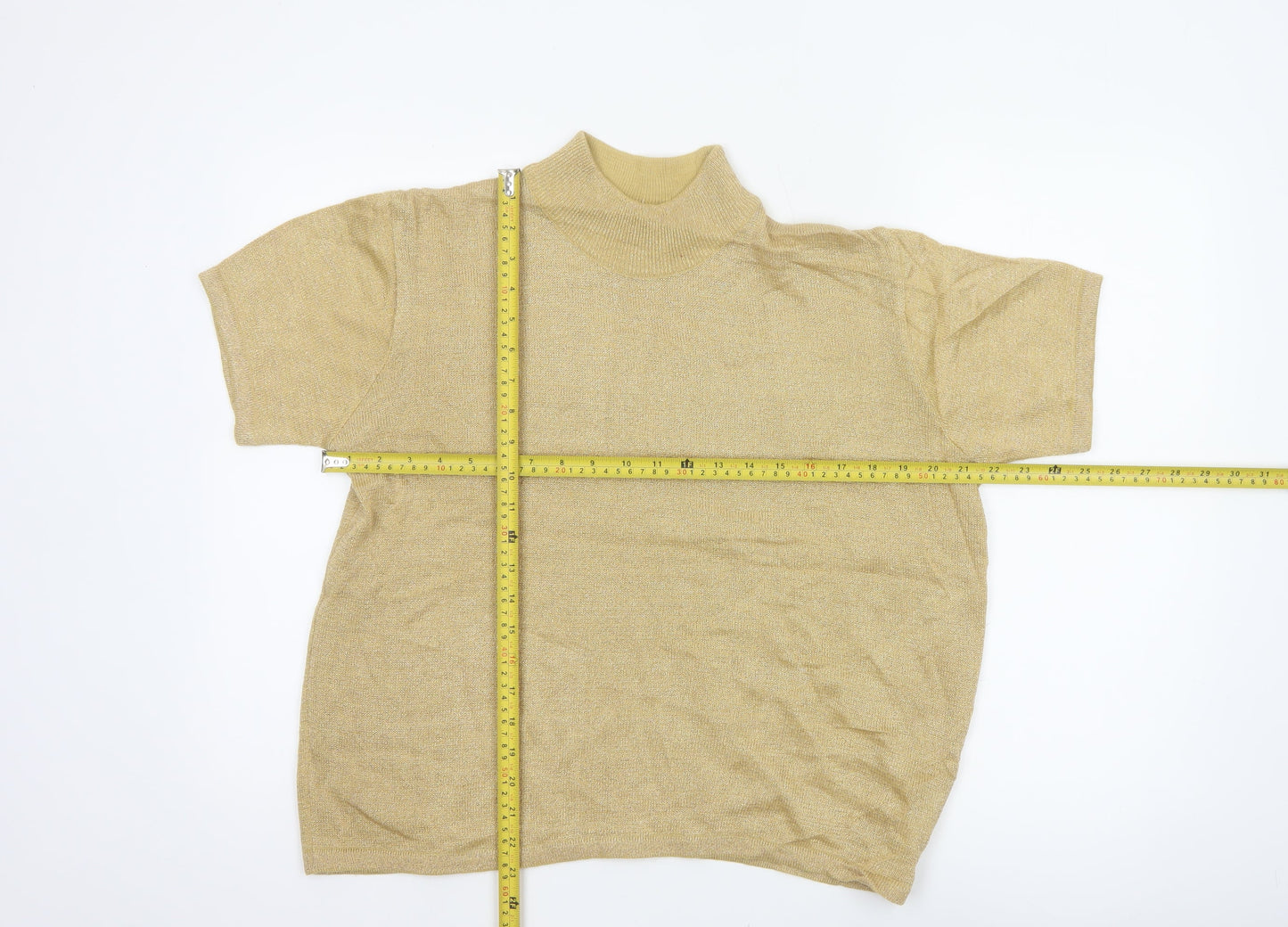 Joan Leslie Women Gold Lurex Knit Mock Neck Short Sleeve Jumper L