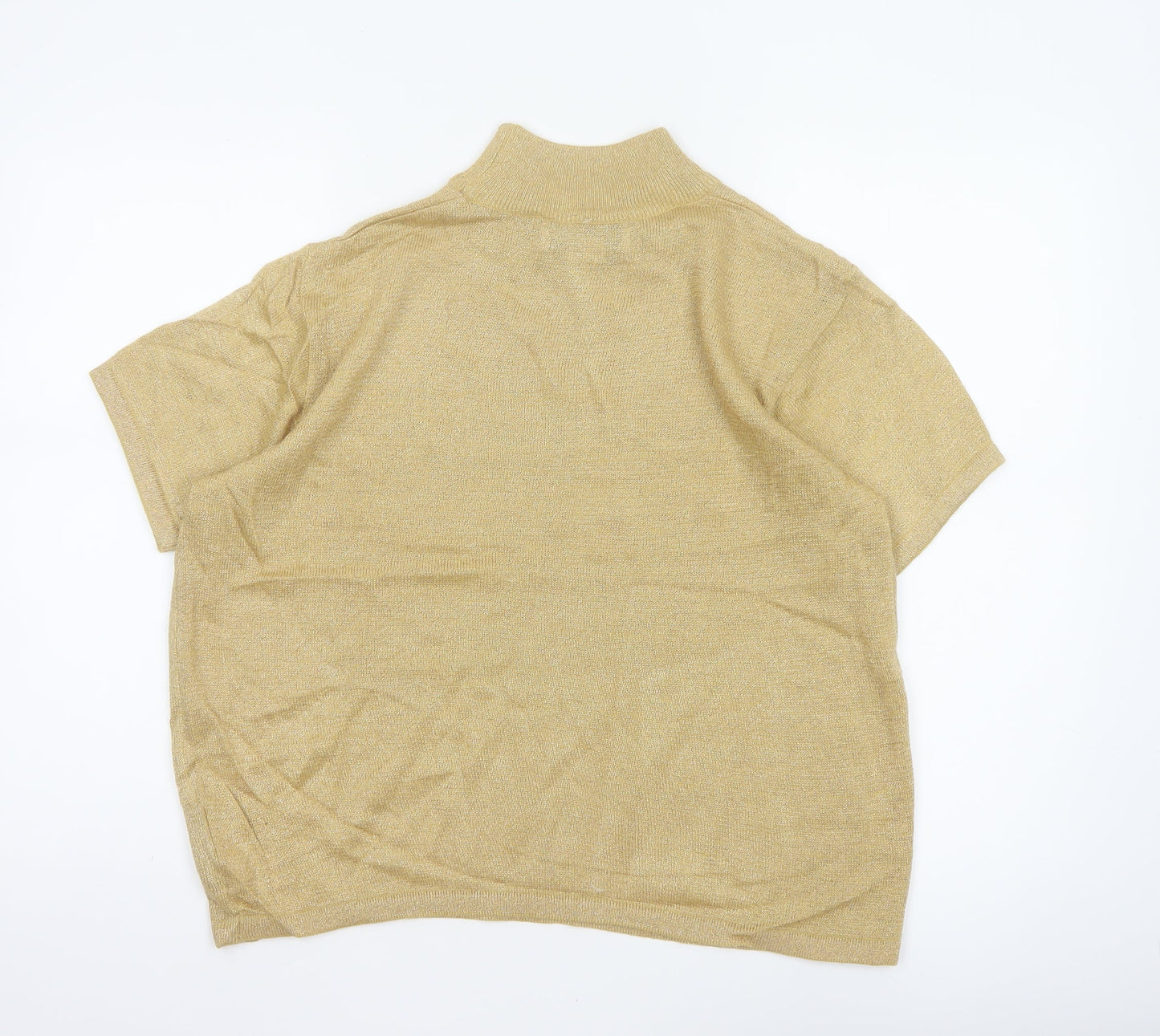 Joan Leslie Women Gold Lurex Knit Mock Neck Short Sleeve Jumper L