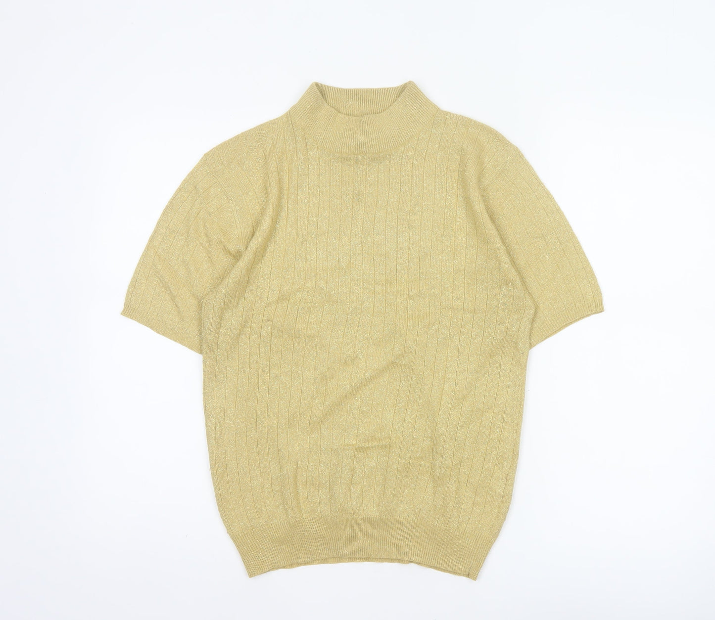 Saco Harbor Women Gold Metallic Rib Knit Mock Neck Short Sleeve Jumper S