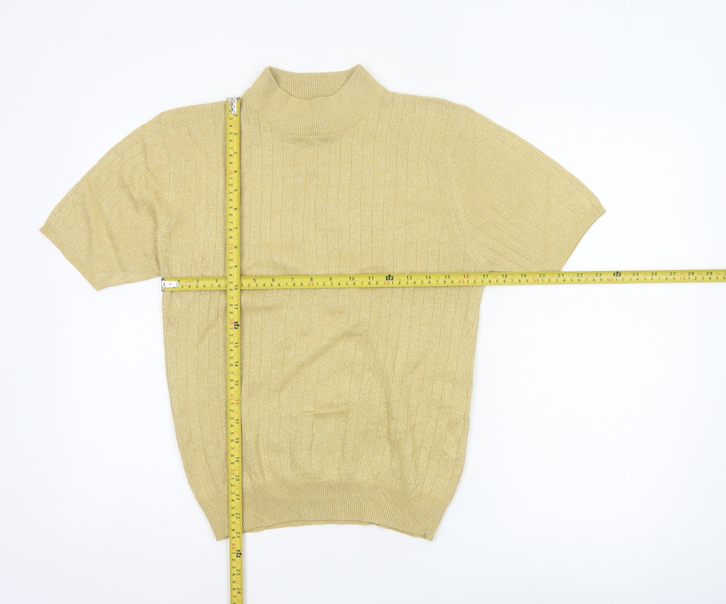 Saco Harbor Women Gold Metallic Rib Knit Mock Neck Short Sleeve Jumper S