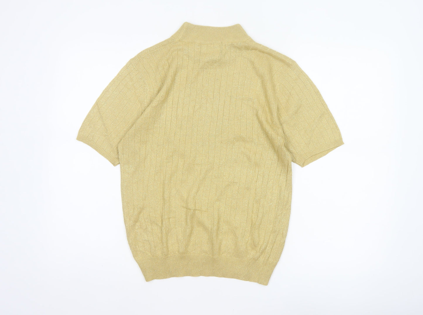Saco Harbor Women Gold Metallic Rib Knit Mock Neck Short Sleeve Jumper S