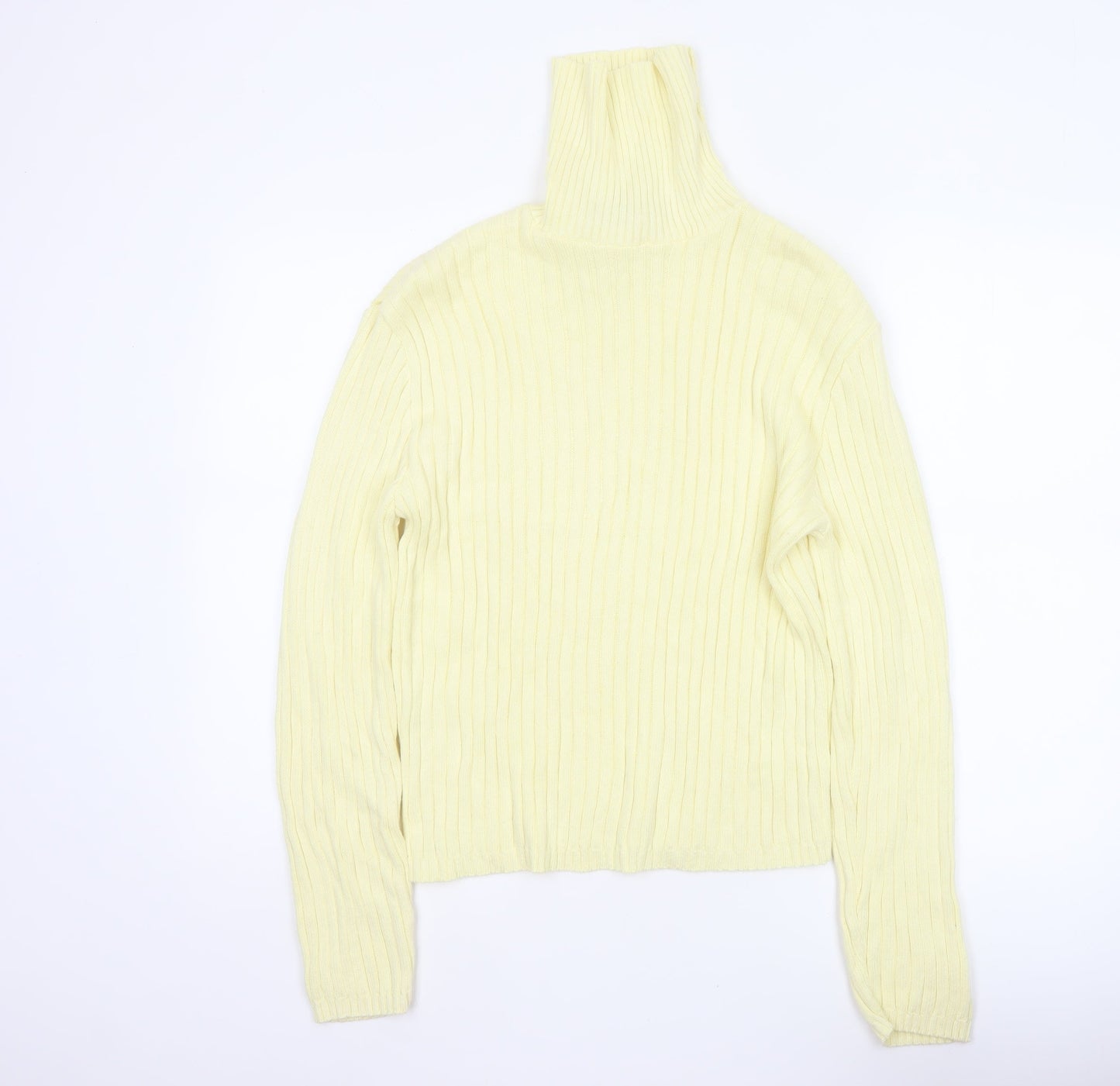 Forever Women Yellow M Ribbed Cotton High Neck Pullover Jumper