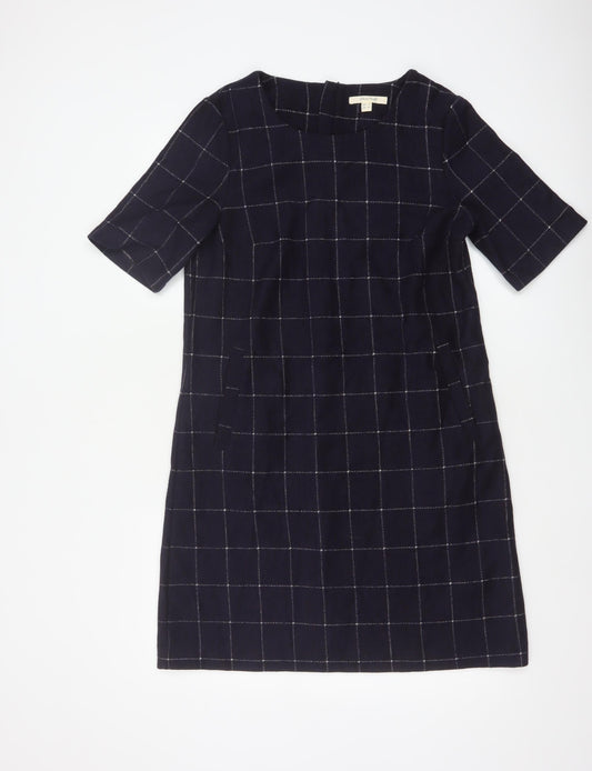White Stuff Women’s Navy Check Shift Dress UK 12 Wool Blend Bell Sleeve