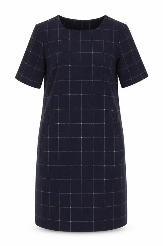 White Stuff Women’s Navy Check Shift Dress UK 12 Wool Blend Bell Sleeve