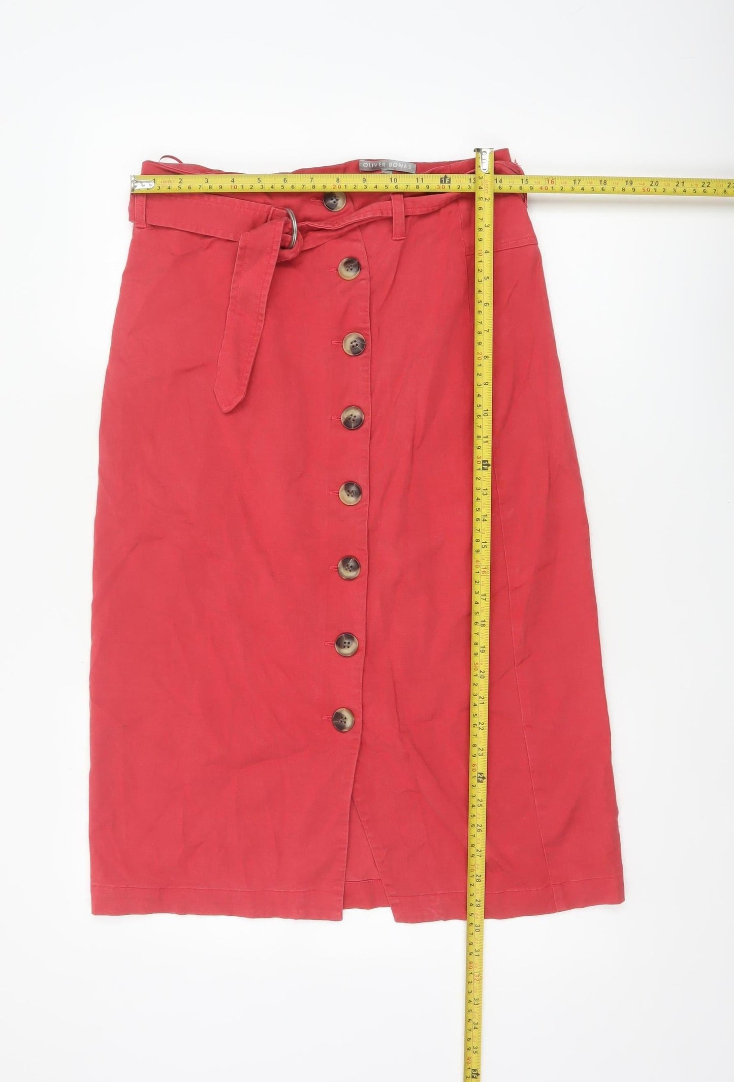 Oliver Bonas Women Red Size 10 Midi Pencil Skirt Belted Button Front