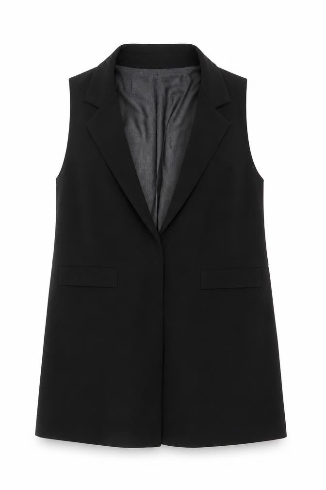 Vero Moda Women Black UK 10 Longline Sleeveless Collared Waistcoat