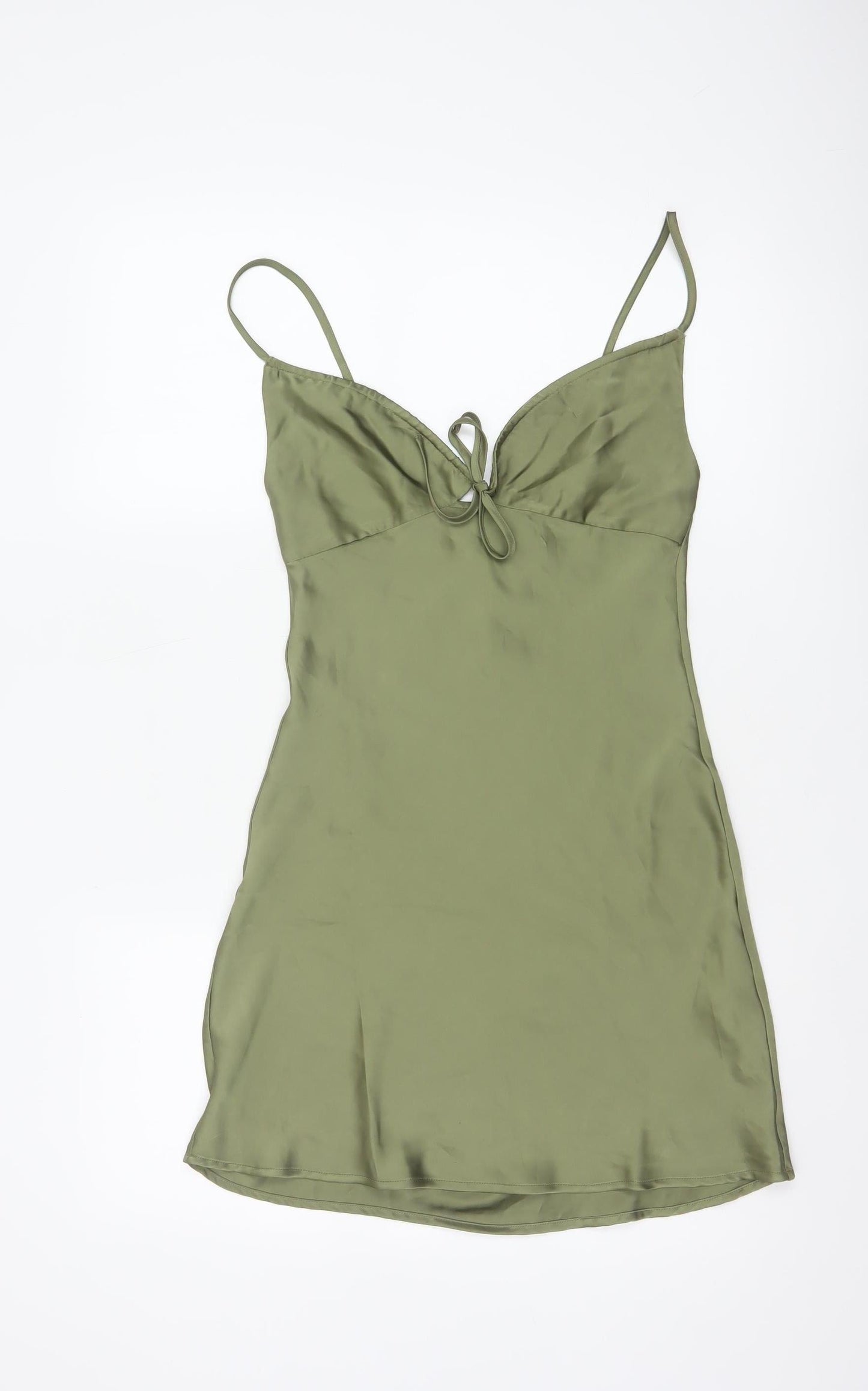Bershka Women Green XS Satin-Look Slip Mini Dress Adjustable Straps