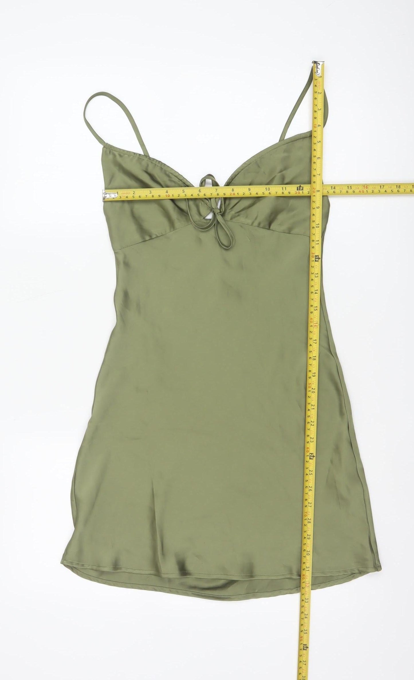 Bershka Women Green XS Satin-Look Slip Mini Dress Adjustable Straps