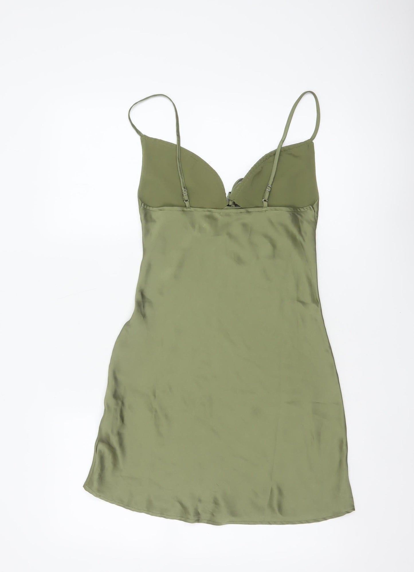 Bershka Women Green XS Satin-Look Slip Mini Dress Adjustable Straps