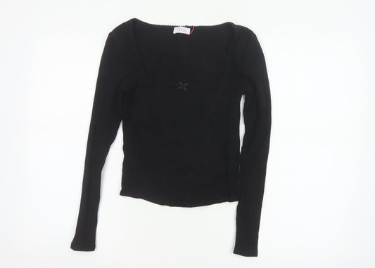 Savida Women Black XS Square Neck Bow Long Sleeve Cropped Stretch Top