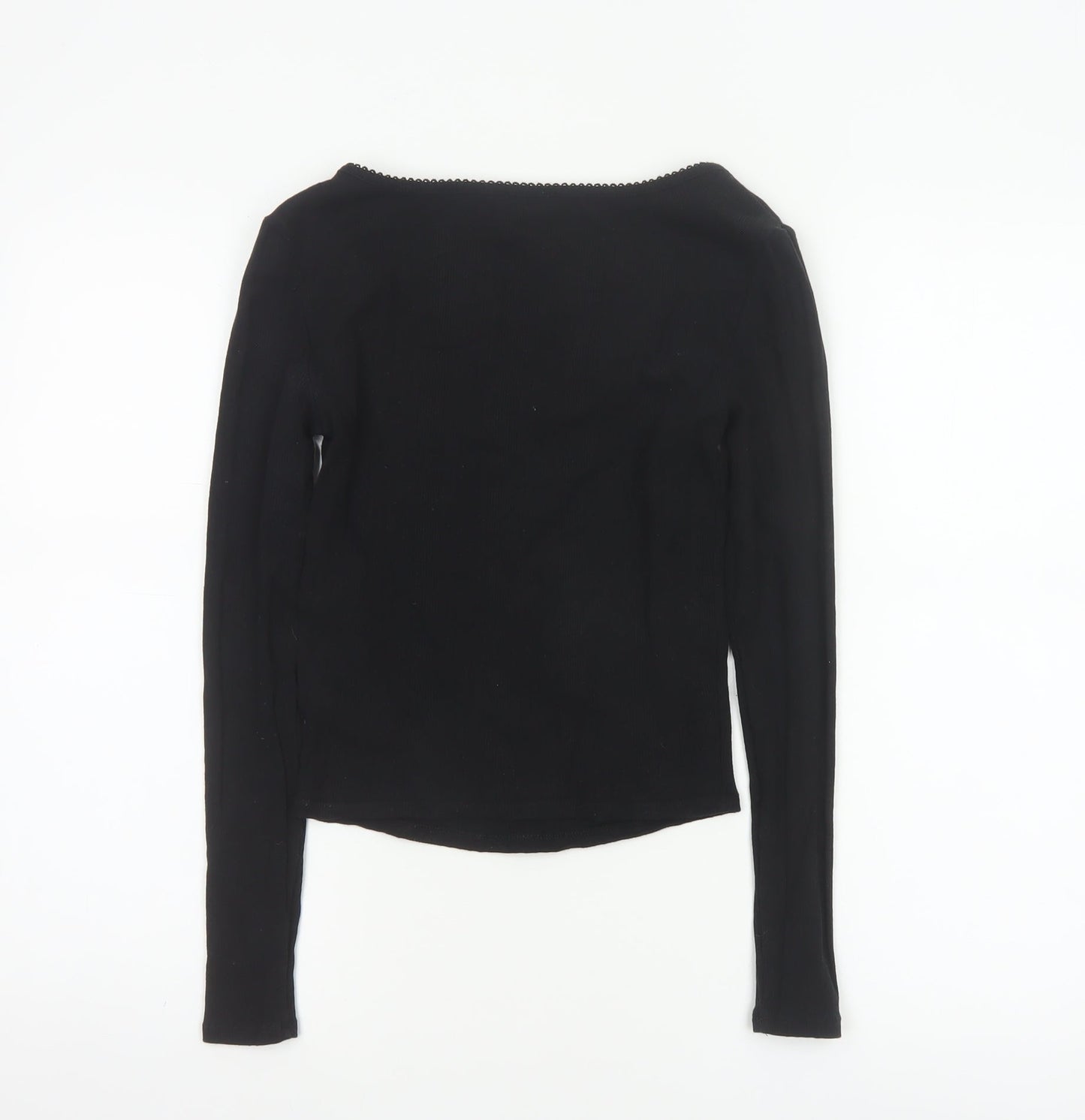 Savida Women Black XS Square Neck Bow Long Sleeve Cropped Stretch Top