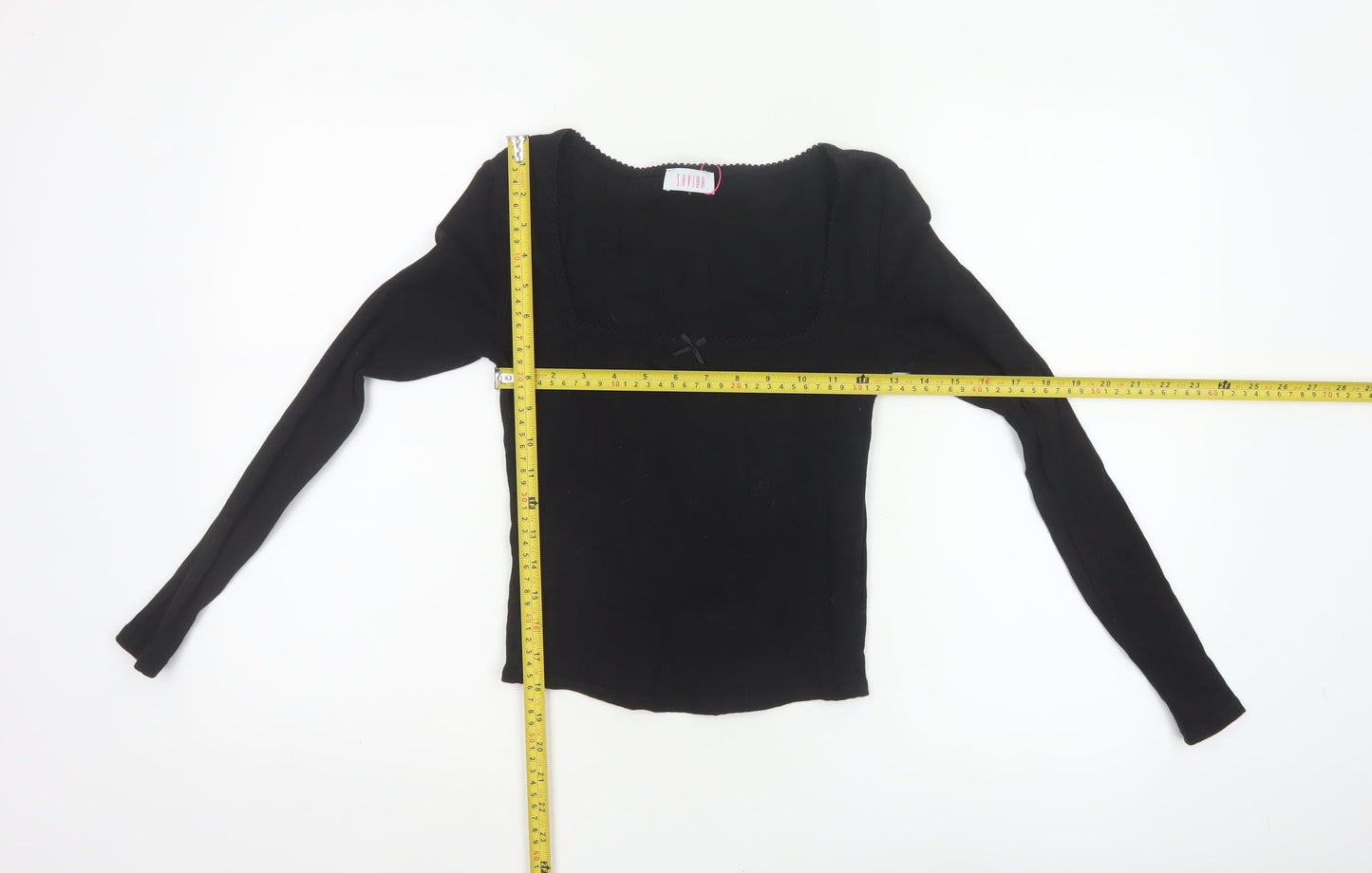 Savida Women Black XS Square Neck Bow Long Sleeve Cropped Stretch Top