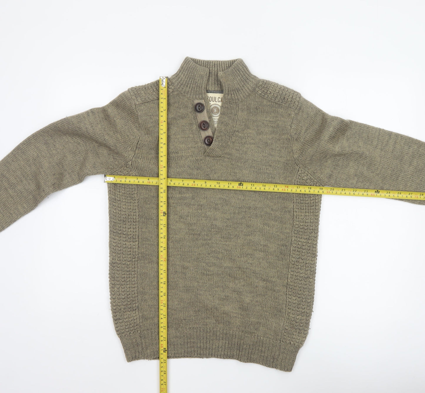 Soulcal Men’s Green S Henley High Neck Knit Wool Blend Jumper