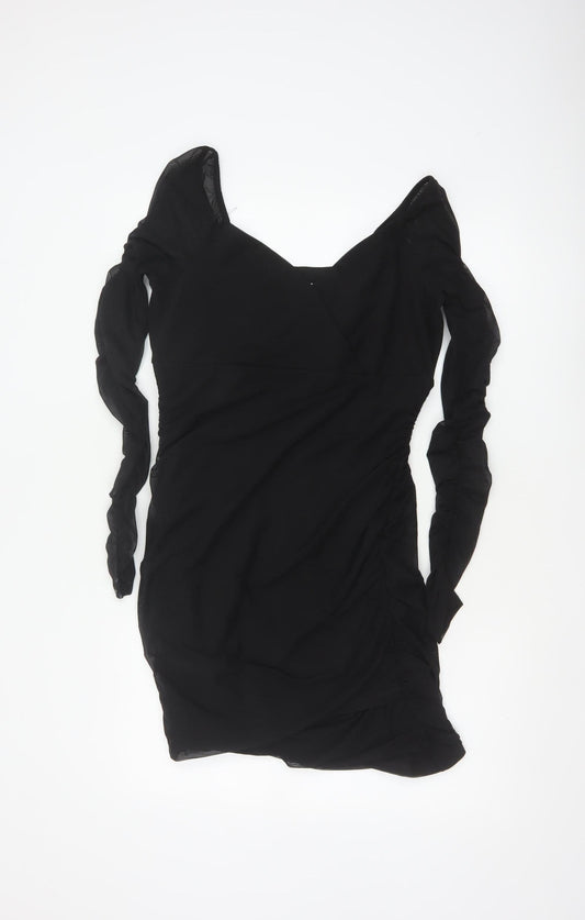 Hollister Women Black L Bodycon Knee Dress Ruched Sheer Long Sleeve