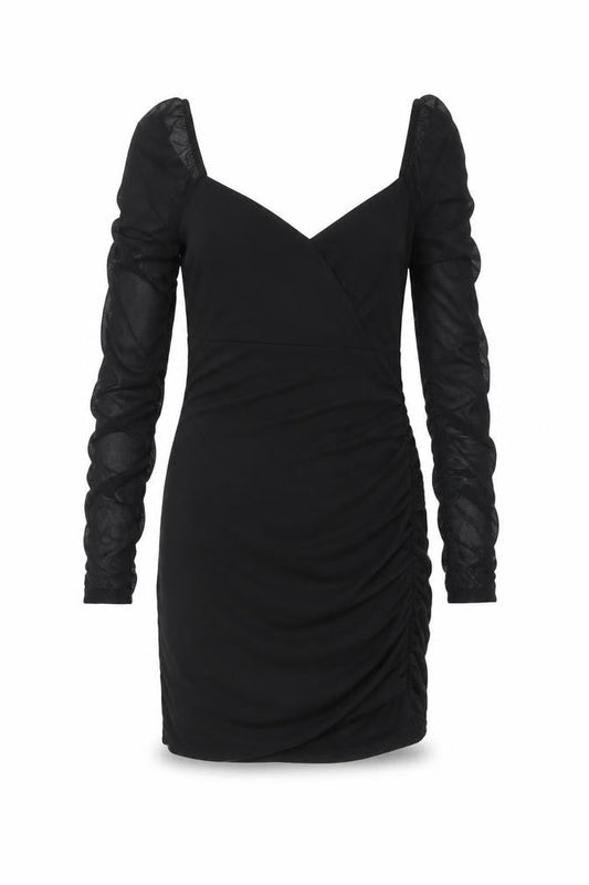 Hollister Women Black L Bodycon Knee Dress Ruched Sheer Long Sleeve