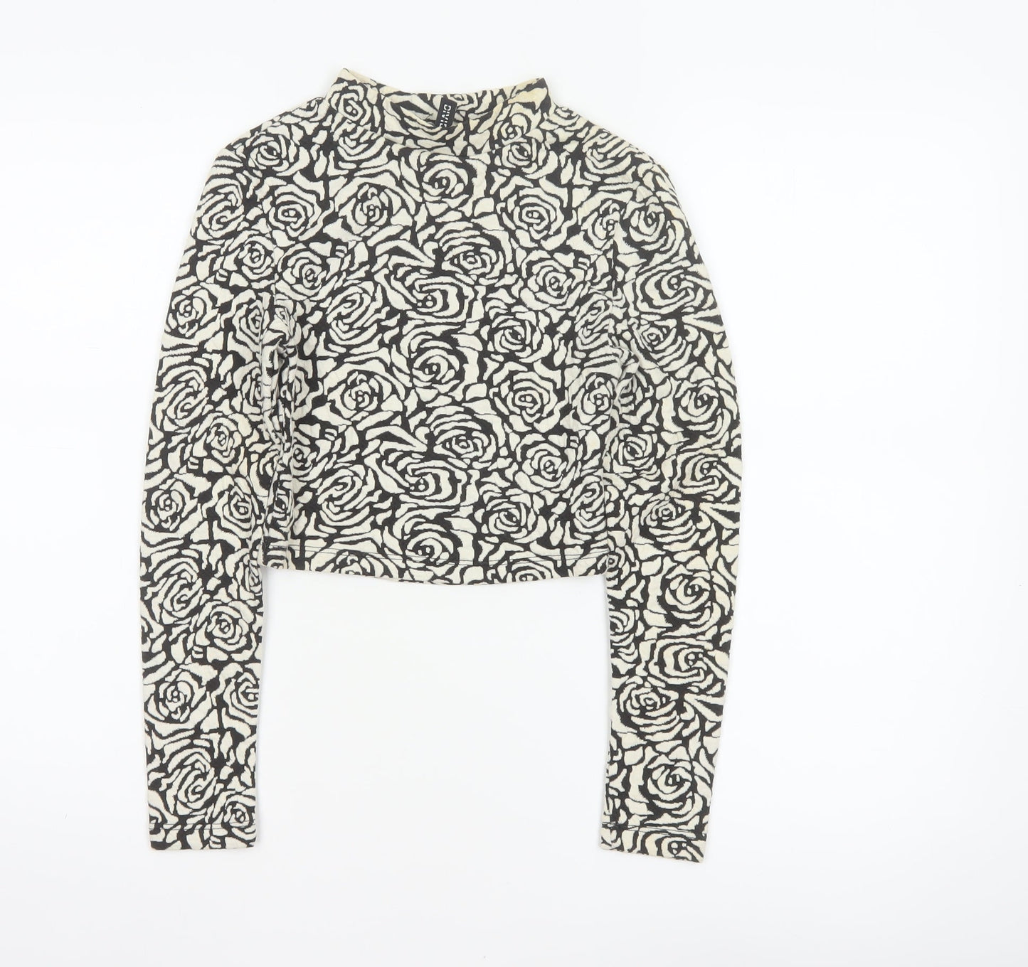 H&M Divided Women’s Black Ivory Rose Print XS Cropped High Neck Top