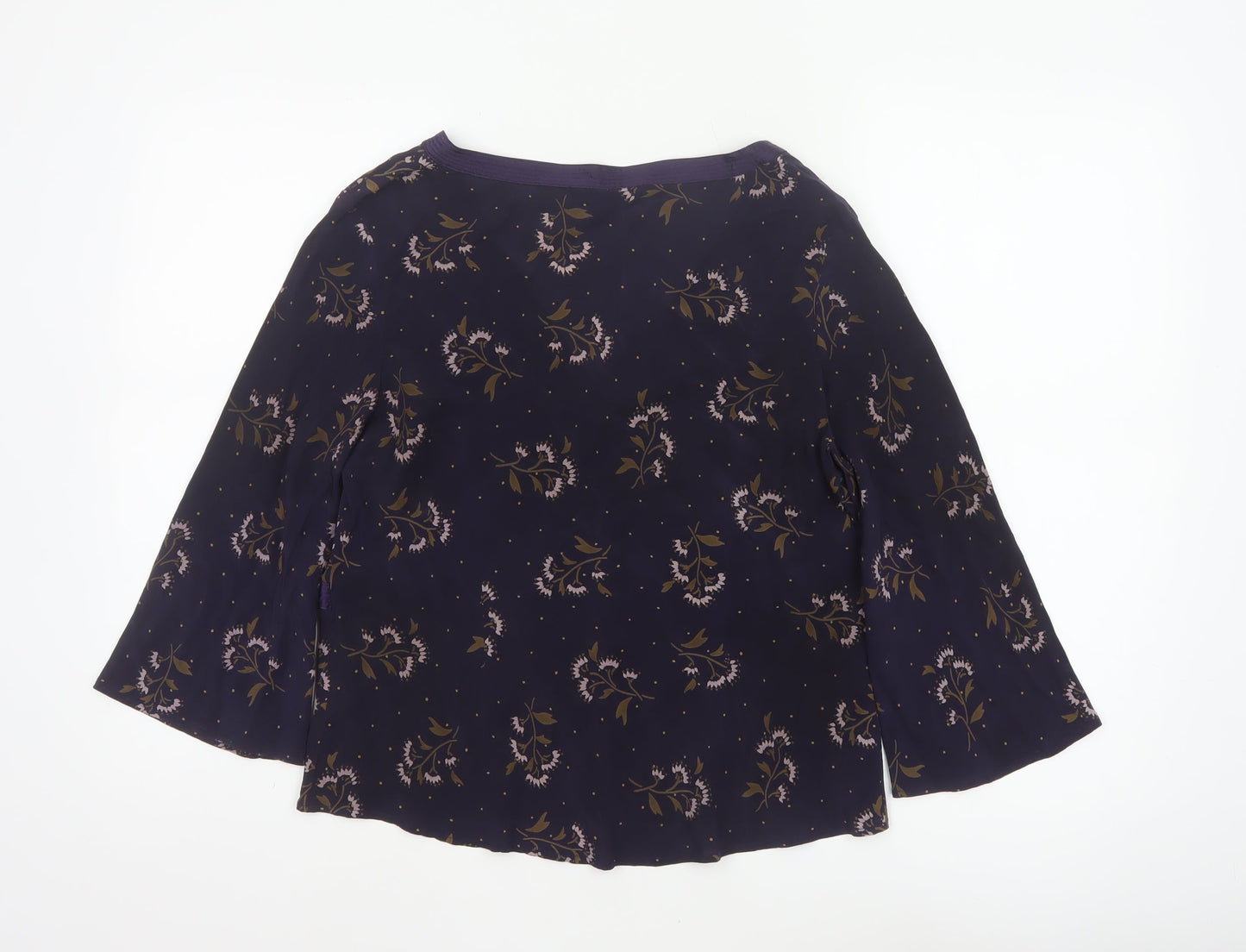 Monsoon Women Blue Floral Silk Wrap Blouse Size 16 Long Sleeve