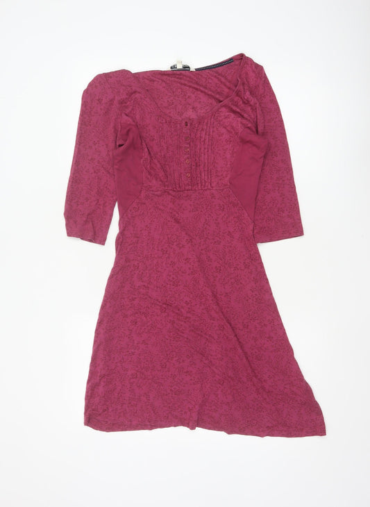 Fat Face Women Pink Floral A-Line Knee Dress UK 10 3/4 Sleeve