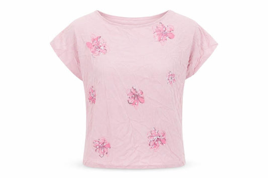 Thomas Rabe Women Pink UK 16 Jersey Floral Sequin Short Sleeve T-Shirt