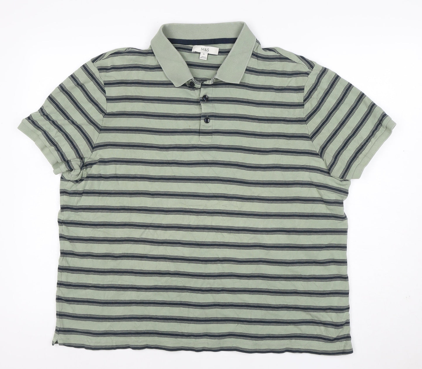 Marks & Spencer Mens Green Navy Striped Cotton Polo Shirt XL