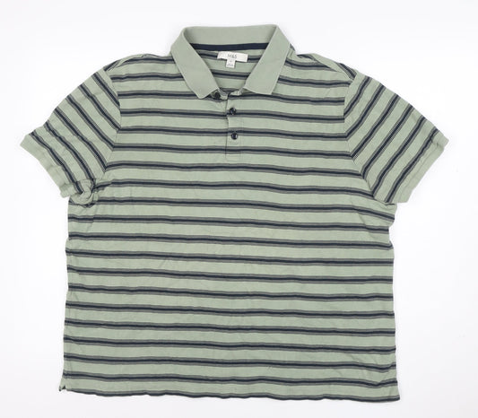 Marks & Spencer Mens Green Navy Striped Cotton Polo Shirt XL