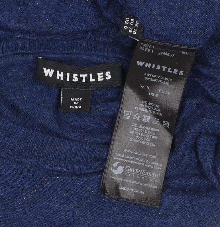 Whistles Women Blue UK 10 Alpaca Wool Crew Neck Long Sleeve Knit Top
