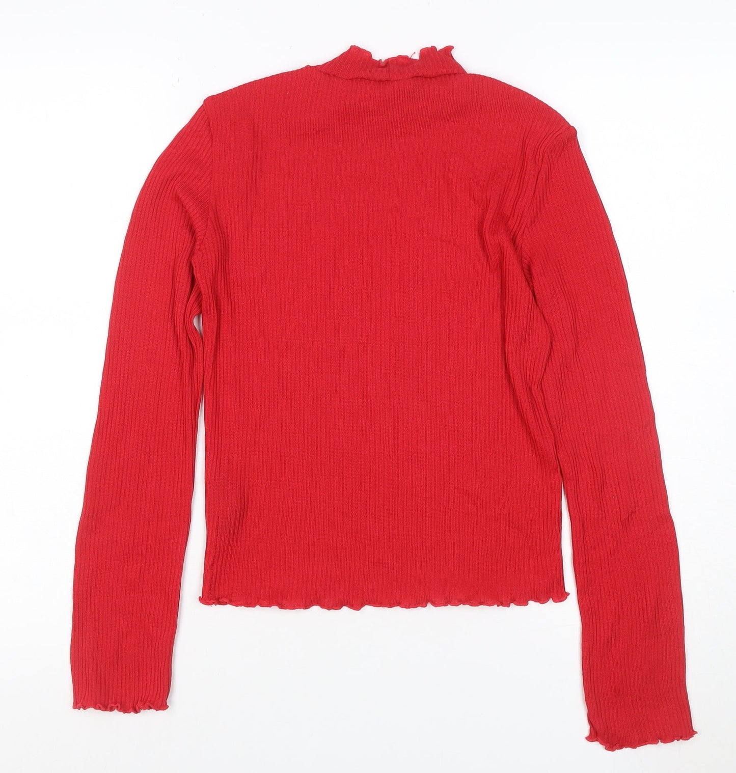H&M Divided Women Red S Ribbed High Neck Ruffle Long Sleeve Knit Top